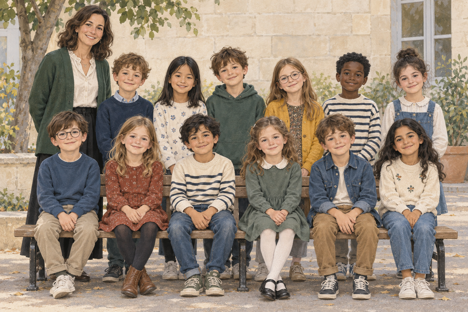 Illustration d’une classe et de son enseignante posant pour une photo scolaire