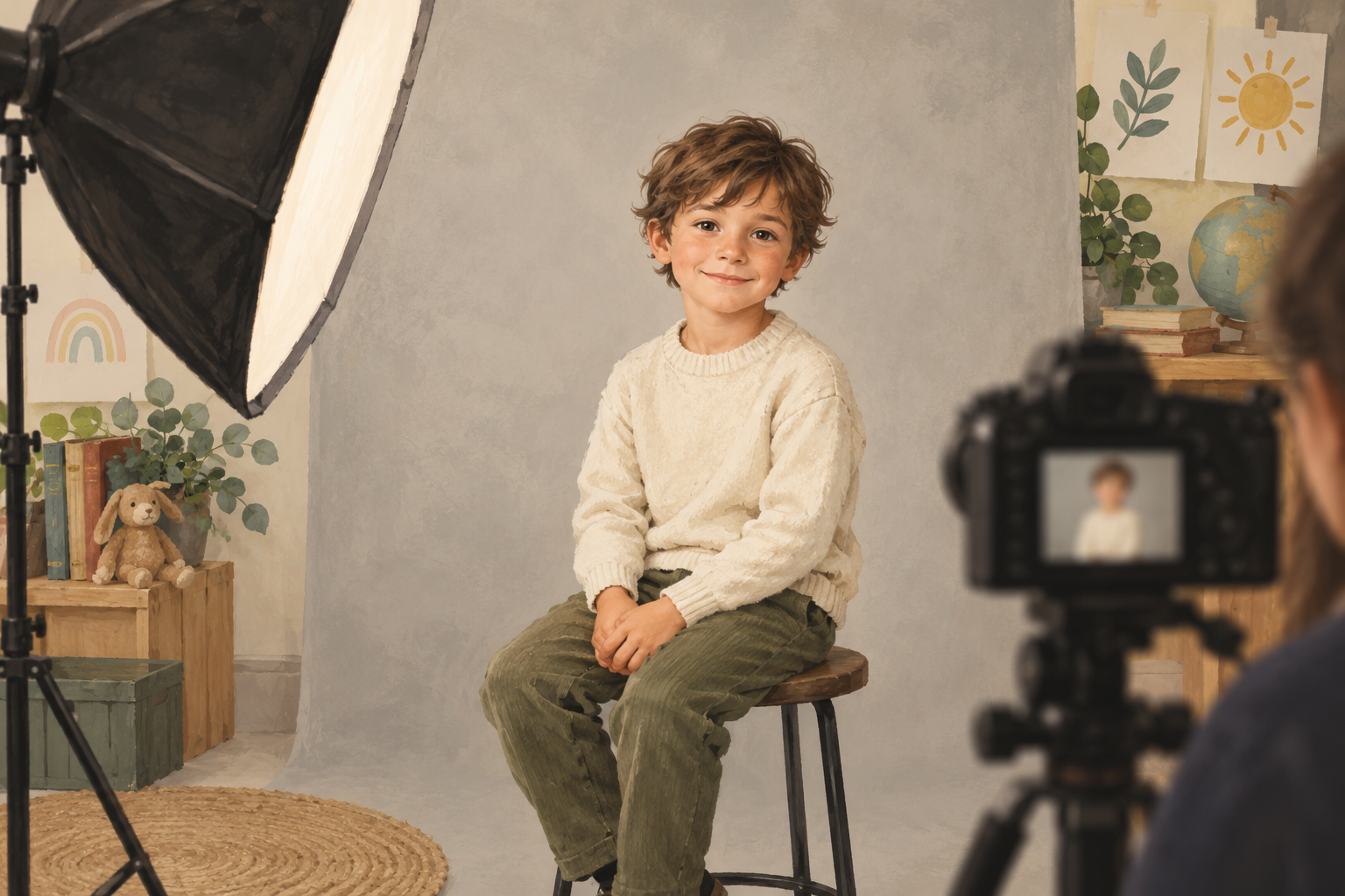 Illustration d’une séance de portrait scolaire avec un élève et un éclairage de studio