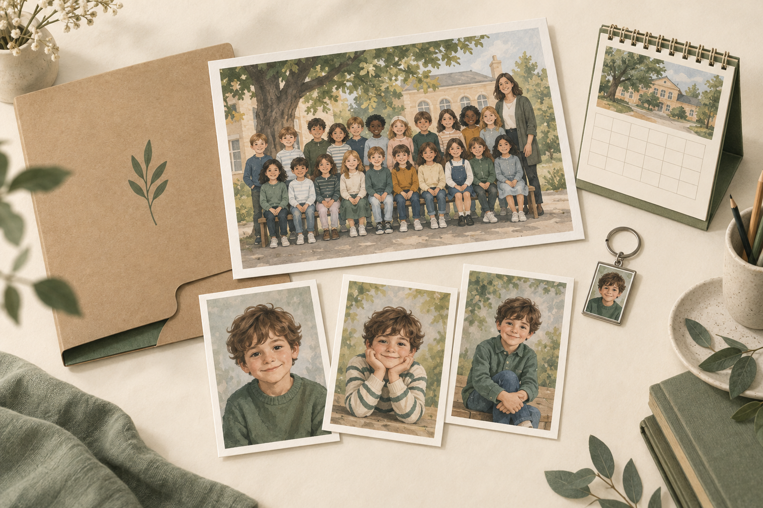 Illustration de tirages et de supports pour les souvenirs photographiques scolaires